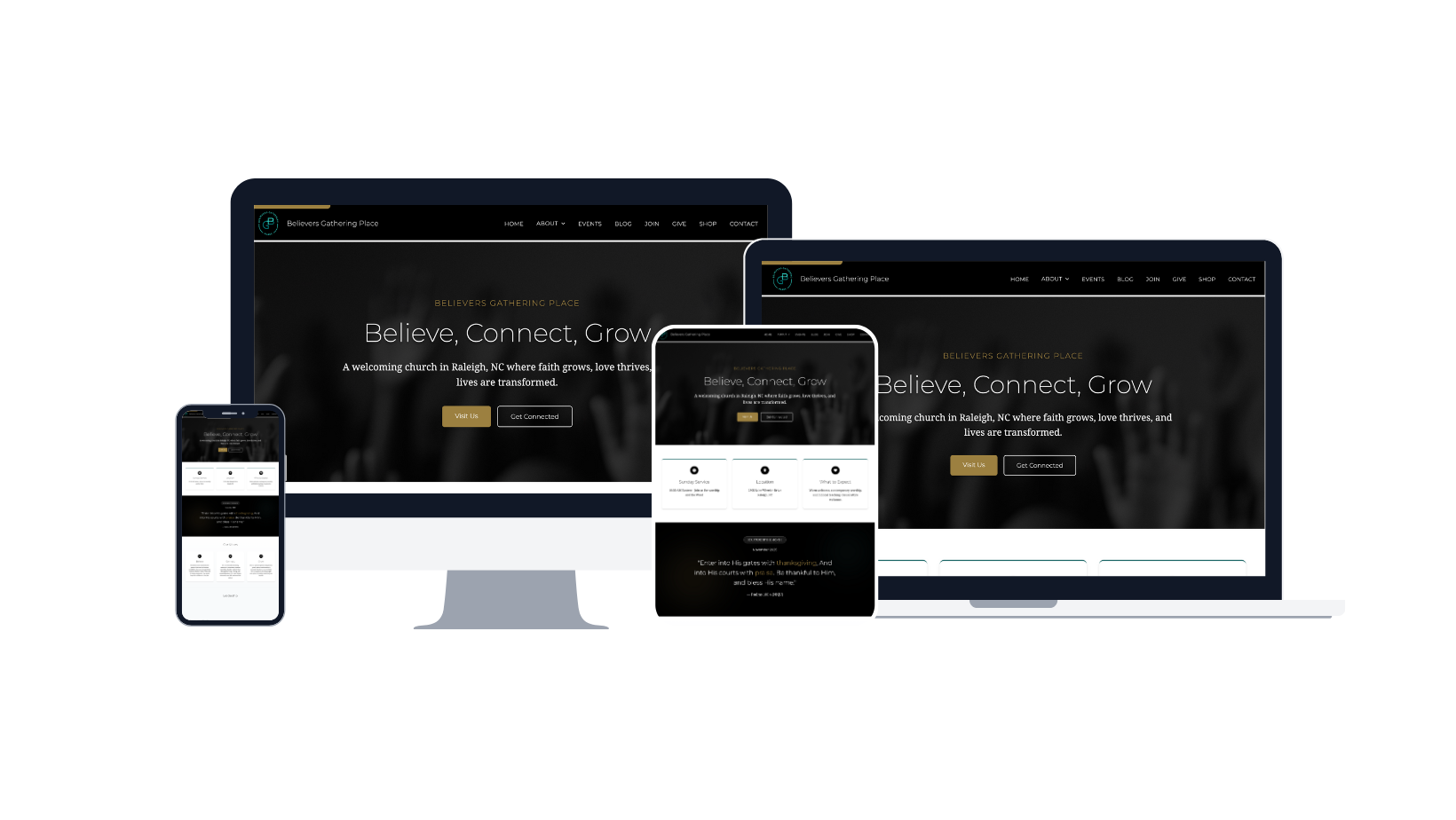 Believers' Gathering Place church website design - responsive mockup showing homepage on desktop, laptop, tablet and mobile devices featuring clean ministry-focused layout